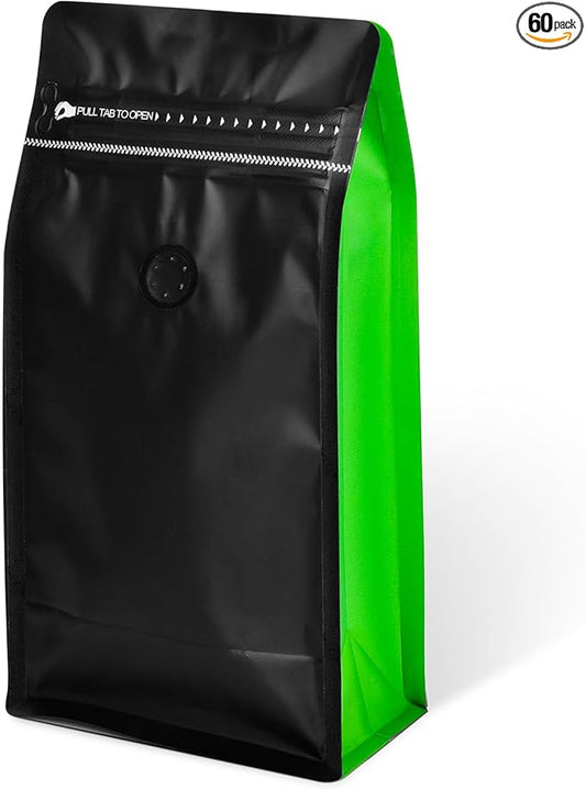 Coffee Bags with Valve(60pcs,16oz,1lb) Vented Coffee Beans Packaging Bags High Barrier Aluminumed Foil Flat Bottom Heat Sealed Side Zipper Resealable Storage Bag for Home or Business（Black+Green）