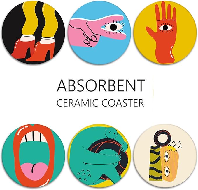 Britimes Table Coaster for Drinks Set of 6, Cute Funny Vintage Music Retro Geometric Coffee Absorbent Round Ceramic Stone Mat, with Cork Base and Metal Holder, Gift for Housewarming Room Bar Decor