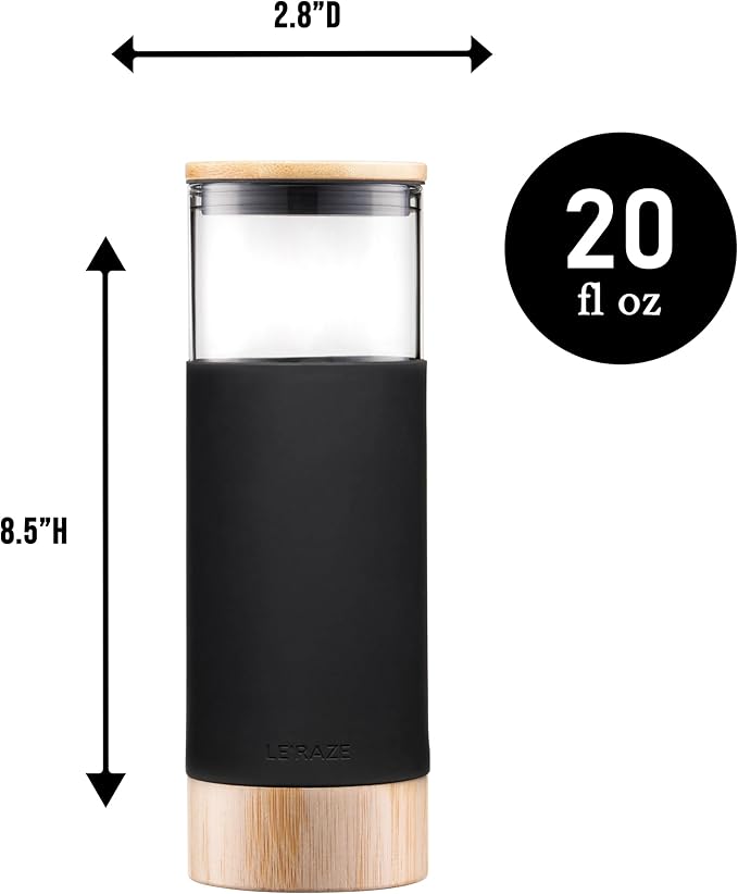 Le'raze Premium 20oz Glass Tumbler Cup Straw Bamboo Lid Base Protective Silicone Sleeve BPA Free Growler Water Bottle Reusable Drinking Glasses Cup for Iced Tea Coffee Smoothie Black