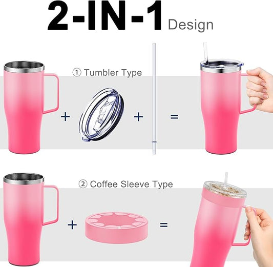 Universal Iced Coffee Sleeve with Handle - Insulated Double Wall Reusable Stainless Steel Holder Insulator for Cold Drinks Fits Small Medium Large To Go Cups Gifts for Men Women Him Her (Sakura)