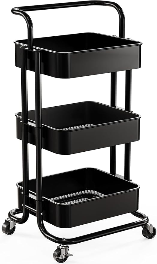 Pipishell 3 Tier Mesh Utility Cart, Rolling Metal Organization Cart with Handle and Lockable Wheels, Multifunctional Storage Shelves for Kitchen Living Room Office Black