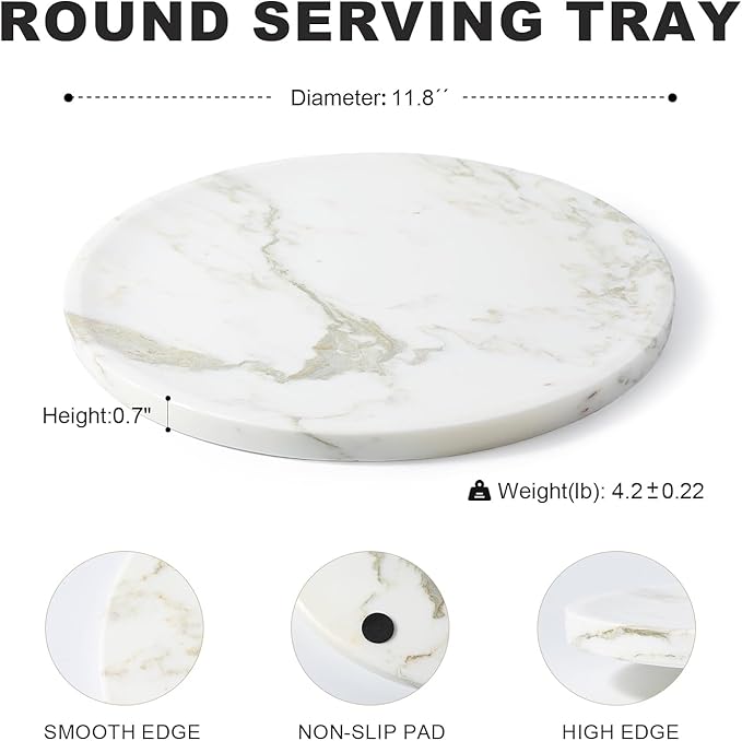 Marble Serving Tray, 11.8in Round Vanity Tray for Bathroom Countertop, Calacatta Candle Holder for Coffee Table/Kitchen, Stone Home Decorative Catchall Tray for Perfume
