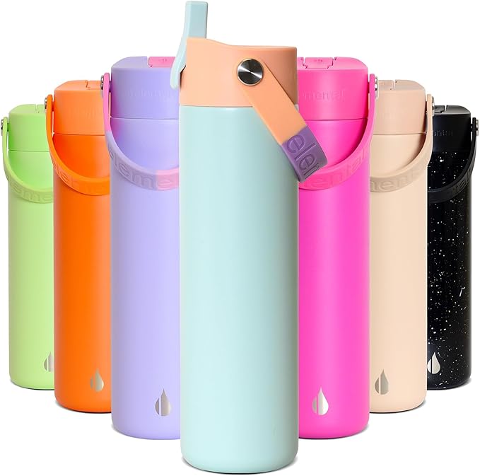 Elemental 24oz Insulated Water Bottle with Straw - 100% Leak-Proof Stainless Steel Core Water Bottles for Travel, Sports & Gym - Fits in Car Cup Holder - BPA Free Double Wall Insulation - Mint Sorbet