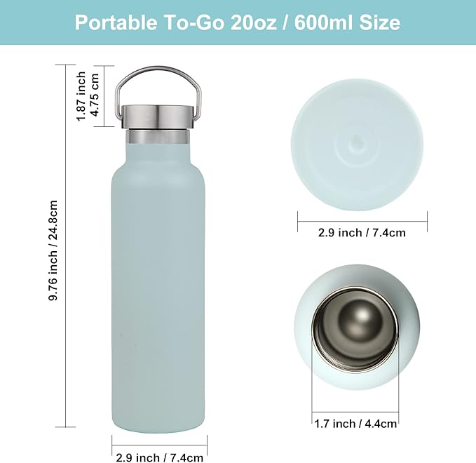 Neihepal 20 oz Insulated Water Bottles,Stainless Steel Double Wall Sport Bottle with Lid of Handle (8, Fog)
