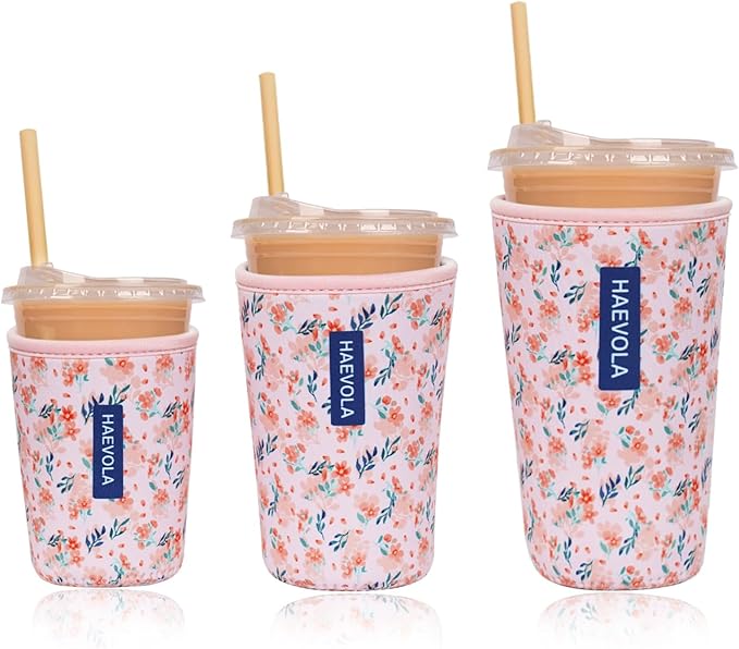 Reusable Insulated Neoprene Iced Coffee Cup Sleeve, Durable Drink Sleeve for Cold Beverages, Beverage Holder for Iced Coffee, Blush Ditsy