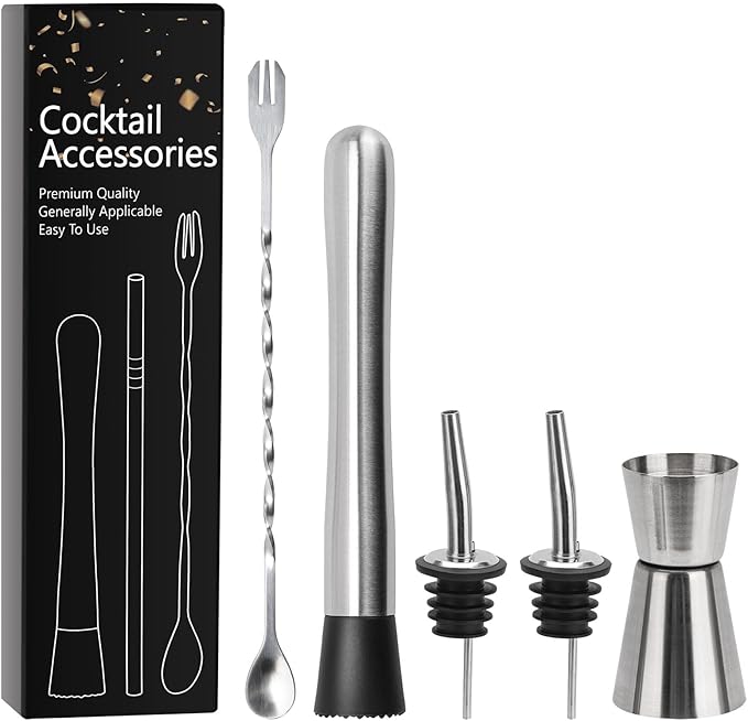 5 Pack Muddler for Cocktails Set - 304 Stainless Steel Cocktail Muddlers Versatile Cocktail Spoon, 2 Pcs Wine Pourer