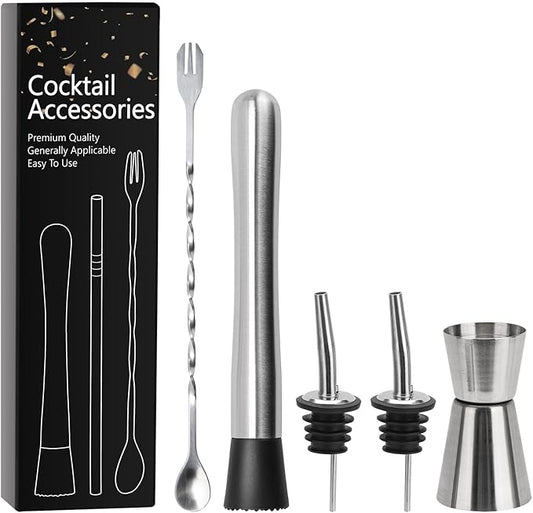 5 Pack Muddler for Cocktails Set - 304 Stainless Steel Cocktail Muddlers Versatile Cocktail Spoon, 2 Pcs Wine Pourer