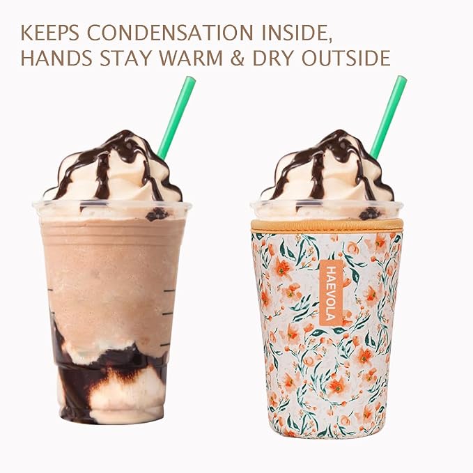Reusable Insulated Neoprene Iced Coffee Cup Sleeve, Durable Drink Sleeve for Cold Beverages, Beverage Holder for Iced Coffee, Sunny Blooms