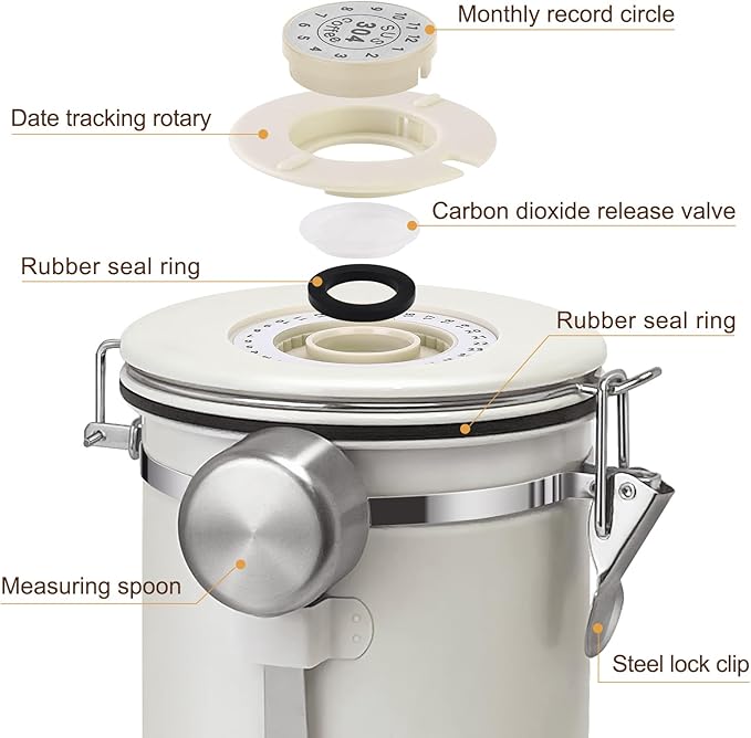 2.8L Airtight Vacuum Coffee Canister, Stainless Steel Storage Container for Coffee Beans and Grounds with Scoop.Suitable for coffee powder, coffee beans, rice, tea leaves, sugar, flour, and grains
