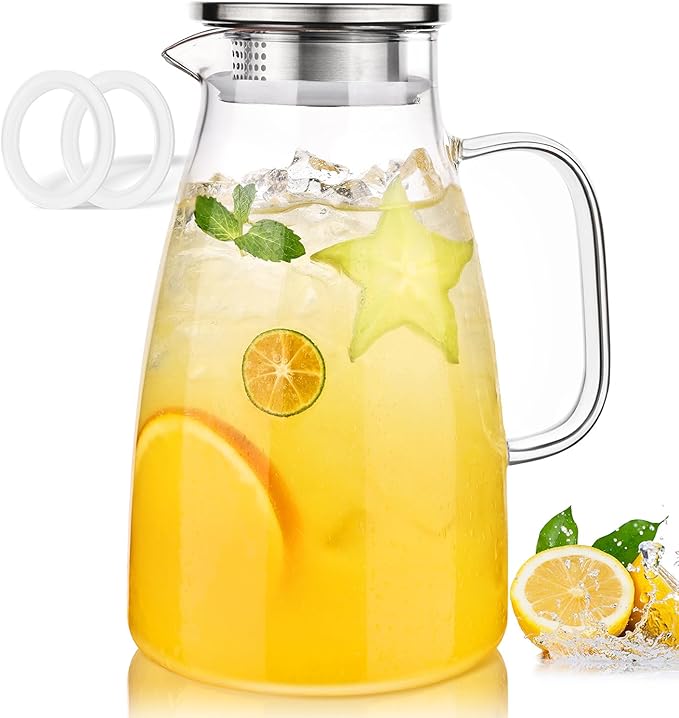 LUNA & MANTHA 2 Liter 68oz Water Pitcher with Handle and Spout, Glass Pitcher with Lid for Fridge, Borosilicate Glass for Sangria, Iced Tea, Juice, Cold/Hot Beverage, Large Jug with 2 Silicone Rings