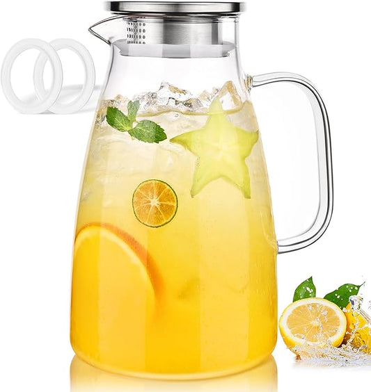 LUNA & MANTHA 2 Liter 68oz Water Pitcher with Handle and Spout, Glass Pitcher with Lid for Fridge, Borosilicate Glass for Sangria, Iced Tea, Juice, Cold/Hot Beverage, Large Jug with 2 Silicone Rings