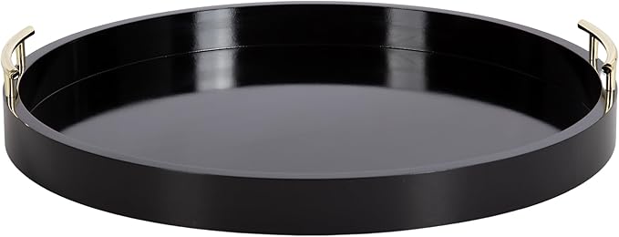 Kate And Laurel Lipton Modern Round Ottoman Tray; 22 Inch Diameter; Black and Gold; Decorative Circle Coffee Table Tray for Living Room Decor or Large Serving Tray