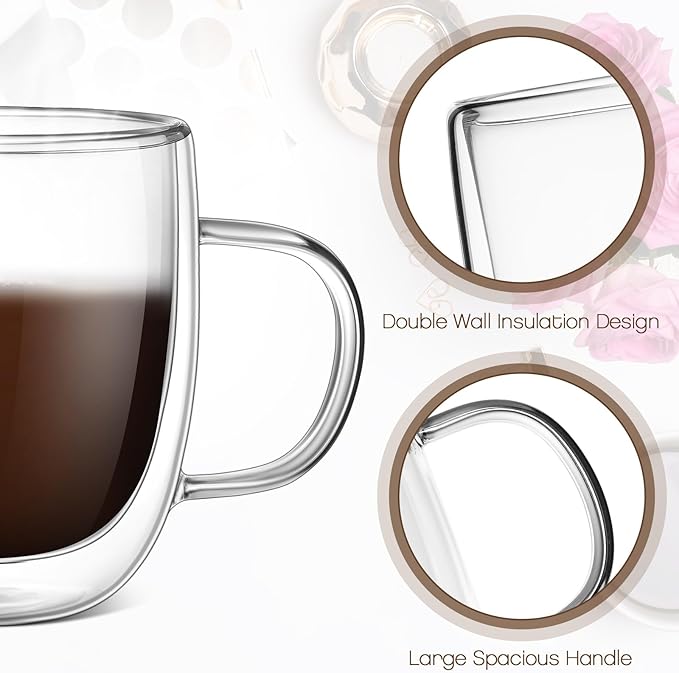 Gerrii Double Walled Glass Coffee Mugs with Handle 10 oz Insulated Borosilicate Glass Cappuccino Mugs Clear Espresso Cups for Home Office Coffee Tea Espresso Latte Milk and Hot Cold Beverages(18 Pack)