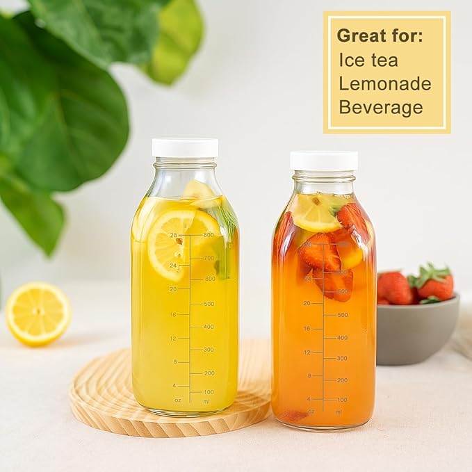 32 oz Reusable Glass Milk Bottles with Leak Proof Lid and Pour Dispenser, 1 Liter Juice Bottles with Scale, Glass Pitchers with Sleeve, Milk Storage Containers for Fridge [2 Pack]