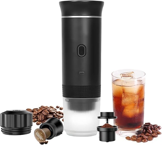 3-in-1 Portable Coffee Maker, Self-Heating Espresso Machine, USB Rechargeable Travel Coffee Maker, Compact for Office, Travel, Camping - Black