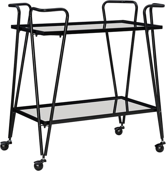 Gina Black Mid Century Bar Cart with Mirrored Shelves by Linon