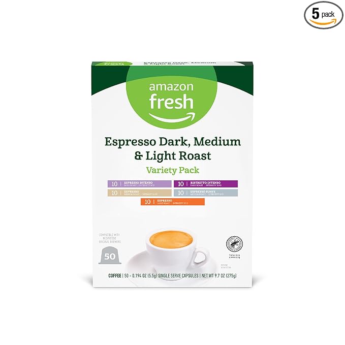 Amazon Fresh Espresso Dark, Medium & Light Roast Aluminum Capsules, Variety Pack, Compatible with Nespresso Original Brewers, 50 Count (5 Packs of 10)