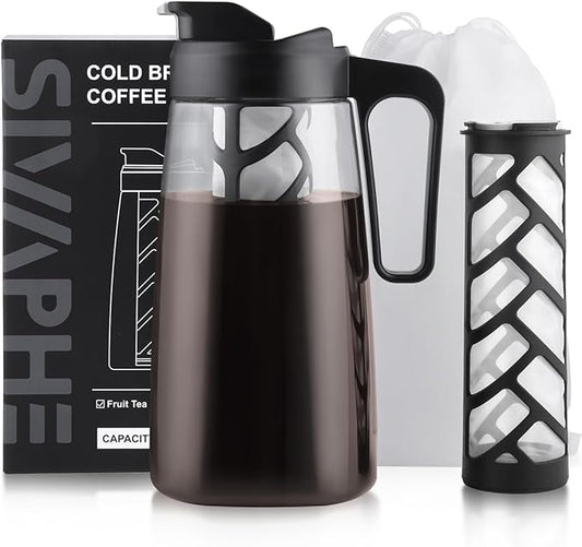 Sivaphe Large Ice Cold Coffee Maker 64 oz, Dishwasher Safty Traitan Carafe Pitcher Leak Proof, Iced Hot Coffee/Tea Brewer Method 2 Quart with Reusable Filter
