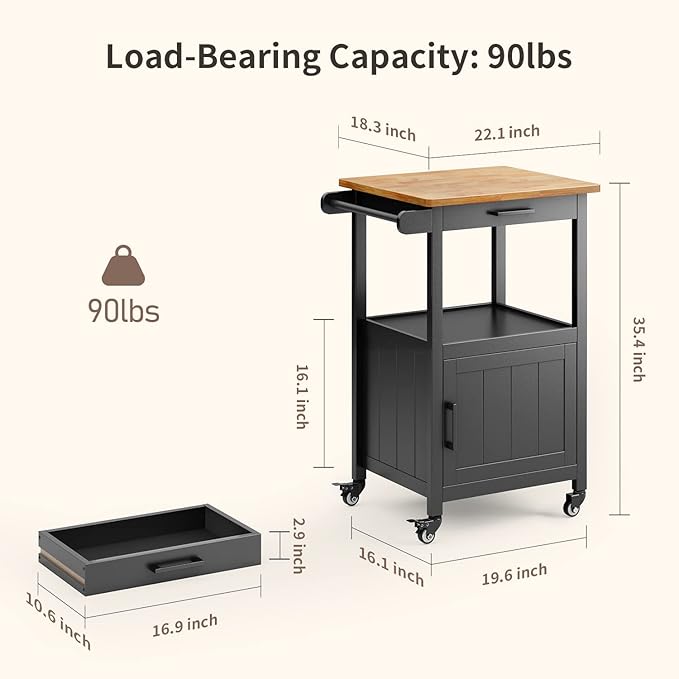 Kitchen Island on Wheels with Drawer, Storage Cabinet, Shelf and Side Hook, Rolling Kitchen Cart with Rubber Wood Countertop, Microwave Cart for Small Space, Black