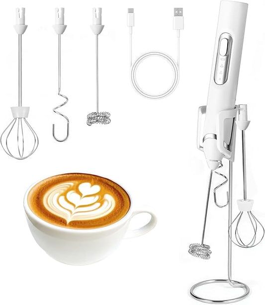 Milk Frother Handheld with Stand,Rechargeable Coffee Frother Wand with 3 Detachable Stainless Steel Whisk Heads, Hand Electric Mixer for Latte,Matcha,Cappuccino,Protein (White)