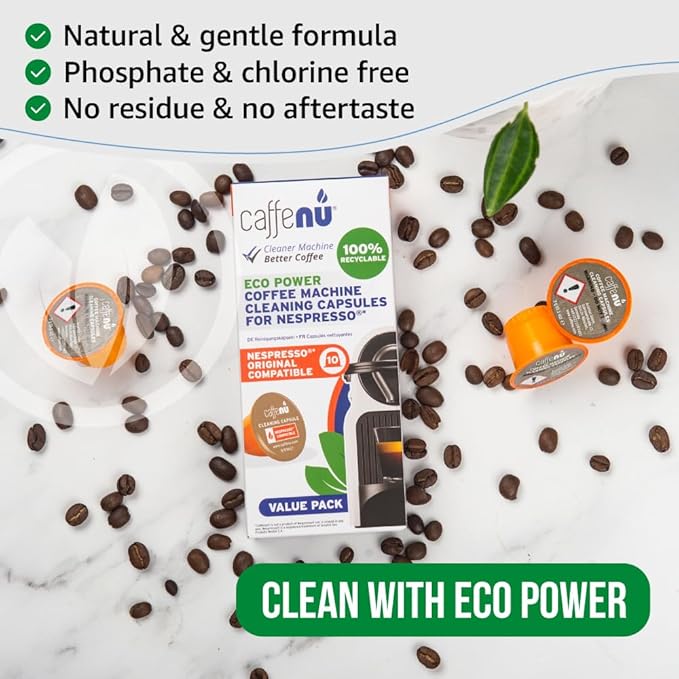 Caffenu Nespresso Compatible Cleaning Pods. 10 Cleaner Capsules. Improved Coffee Flavor. For Nespresso Originaline, Use with Descaling Kit.