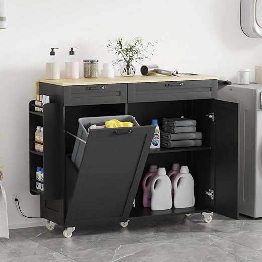 Rolling Kitchen Island with Power Outlet & Drop Leaf, Kitchen Cart with Trash Storage Cabinet, Rolling Island with Spice Rack & Towel Rack, Knife Holder