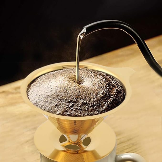 Pwshymi Stainless Steel Coffee Dripper, Gold Pour Over Coffee Filter with Double Mesh and Silicone Base, for Home Office Travel Camping