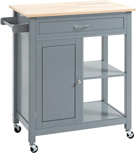 HOMCOM Kitchen Island Cart, Rolling Kitchen Island with Storage Shelf, Solid Wood Top, Drawer, for Dining Room, Gray