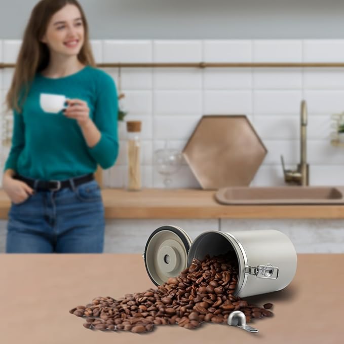 BERTILLE Stainless Steel Coffee Canister,22oz Kitchen Food Storage Container with Date-Tracker, CO2-Release Valve and Measuring Scoop for Grounds Coffee, Beans, Tea, Flour, Cereal, Sugar（Large,Cream）