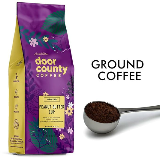 Door County Coffee Peanut Butter Cup Flavored Coffee Ground - 8 oz Bag - Spring & Summer Seasonal - Medium Roast - 100% Specialty Arabica - Peanut Butter & Chocolate