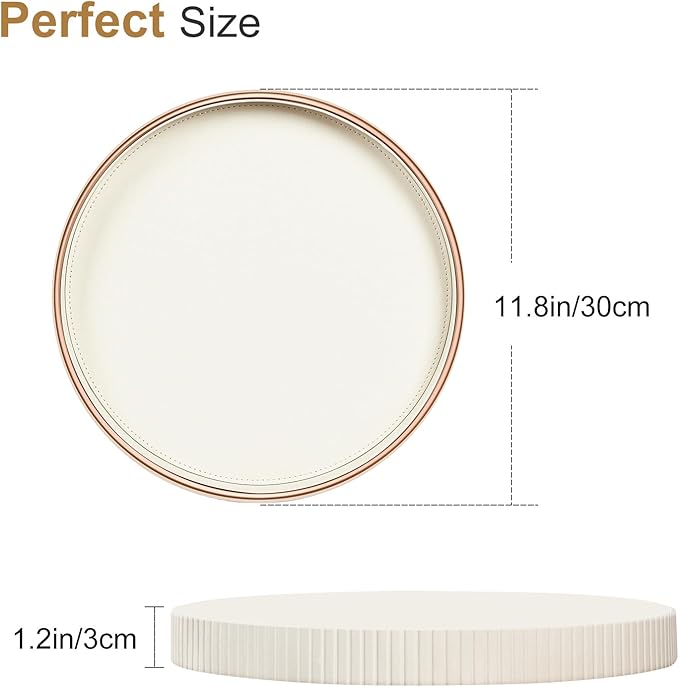 KINGFOM Round Decorative Tray, PU Leather Vanity Tray Organizer with Gold Trim for Dresser, Coffee Table & Bathroom Counter, Modern Home Decor Jewelry & Perfume Tray for Men Women (Ivory White)