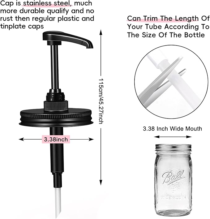 Wide Mouth Mason Jar Honey Pump Dispenser Lid & 4pcs Sticker,Food Grade Plastic pumps and 3.38 Inch Stainsteel Steel Lids Rust Proof Leak-Proof for Jam Ketchup Sauce NO JAR QurHapzy
