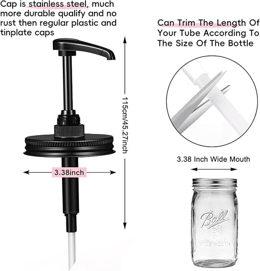 Wide Mouth Mason Jar Honey Pump Dispenser Lid & 4pcs Sticker,Food Grade Plastic pumps and 3.38 Inch Stainsteel Steel Lids Rust Proof Leak-Proof for Jam Ketchup Sauce NO JAR QurHapzy