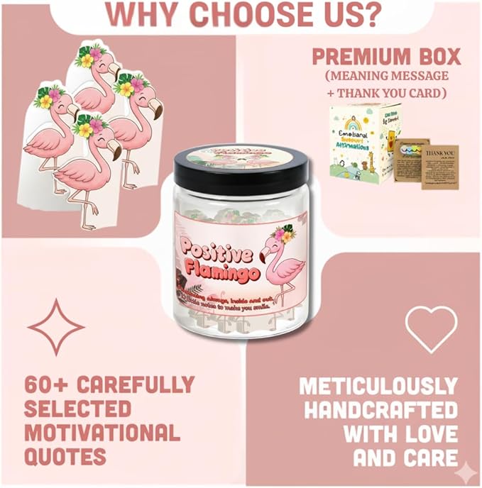Positive Flamingo Jar with 60 Daily Affirmation Cards, Emotional Support Flamingo Decor, Mini Flamingo Figurines, Birthday Gifts for Women and Friends, Inspirational Desk Present for Coworkers