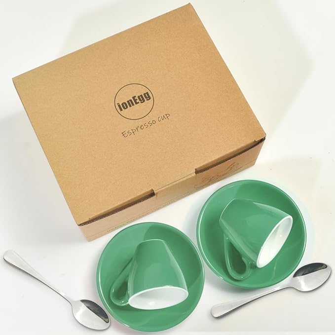 ionEgg Porcelain Espresso Cup with Saucer And Stainless Steel mini Spoons, Espresso shot Cup, 80ml/2.7Oz, Pack of 2, Cyan