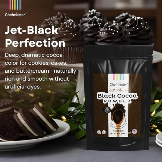 Black Cocoa Powder by Chefmaster, Extra Dark Dutch-Processed Cocoa Powder for Baking, Cookies, Cakes, & Icings; Rich Chocolate Flavor, All-Natural Dye Alternative, Unsweetened, 16 oz