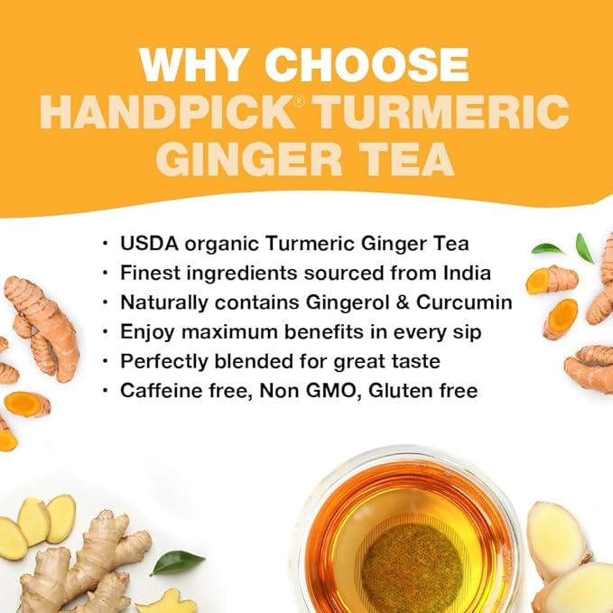 HANDPICK, Organic Turmeric Ginger Tea (100 Tea Bags) | Indian Origin | Caffeine Free, Gluten Free, Non-GMO | Savory & Spicy I Ecofriendly round tea bags