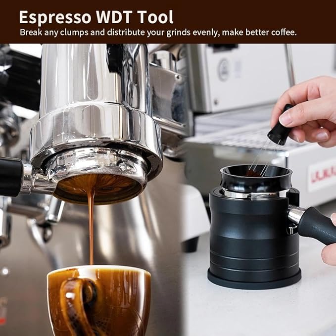 watchget WDT Espresso Distribution Tool with Magnetic Stand for Barista, Espresso Accessories with Stainless Steel 4 Needles 0.35mm with 4 Extra Needles, Black