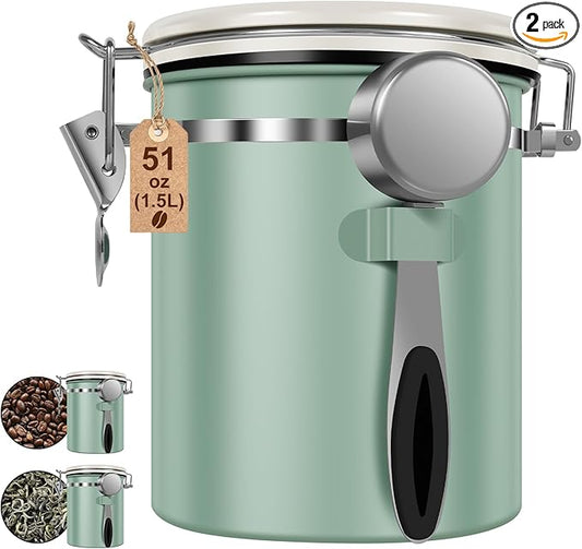 2PCS Coffee Storage Canister 1.5L 51OZ Double Airtight Coffee Beans Container with Date Locator 304 Stainless Steel Kitchen Food Storage Container with Spoon For Coffee Beans Grounds Tea Sugar