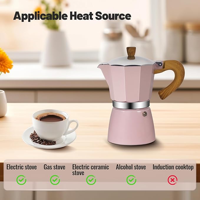 Vaolvpant 6 Cup Aluminum Moka Pot Classic Stovetop Espresso Coffee Maker 300ml 10oz Coffeemaker Percolator Mocha Pot Greca Coffee Maker Cafe Makers for Italian and Cuban Café Brewing Pink