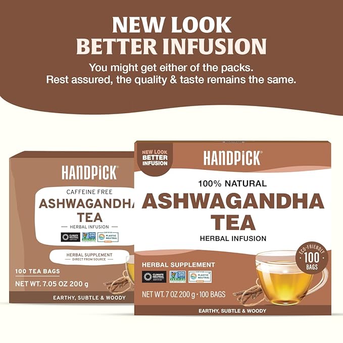 HANDPICK, Ashwagandha Root Tea (100 tea Bags) | Caffeine Free, Gluten Free | Packed in Ecofriendly Tea Bags