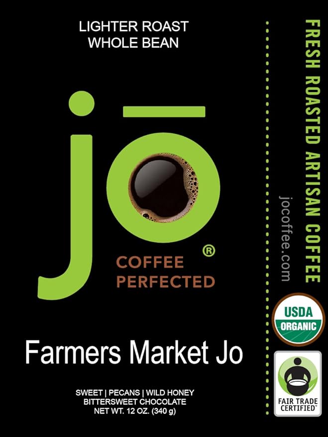 FARMERS MARKET JO: 12 oz, Organic Whole Bean Coffee, Lighter Roast, 100% USDA Certified Organic, Fair Trade Certified, Kosher, Soft Velvet Feel, 100% Arabica Specialty Coffee, Non-GMO, Gluten Free