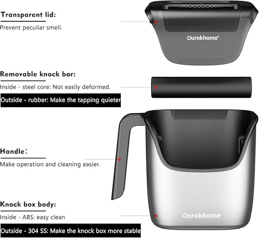Ourokhome Knock Box Espresso Accessories, The Latest Patented Stainless Steel Espresso Machine Tool for Coffee Ground with Removable Knock Bar, Handle and Lid, Dishwasher safe, 4.8 inch