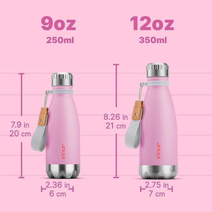 VINUR Kids 9 oz Water Bottle-Stainless Steel Insulated Mini Travel Water Bottle for Girls-Cola Shape Sports Flask with Carry Rope, Purple Pink
