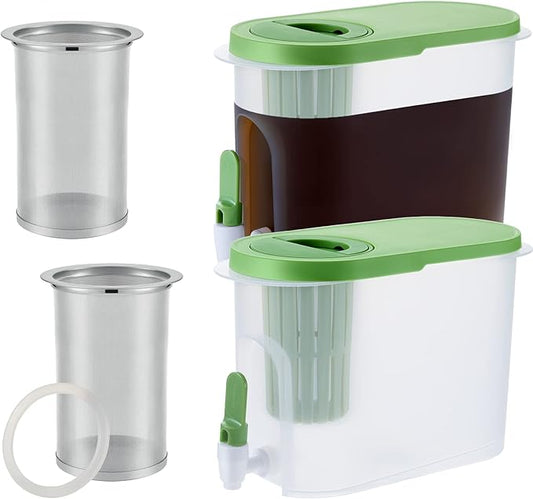 Gerrii 2 Pcs Cold Brew Maker, 1 Gallon Plastic Beverage Dispenser with 2 Filters, Drink Dispenser for Fridge, Cold Brew Pitcher with Spigot, Container for Juice, Water, Tea(Green)