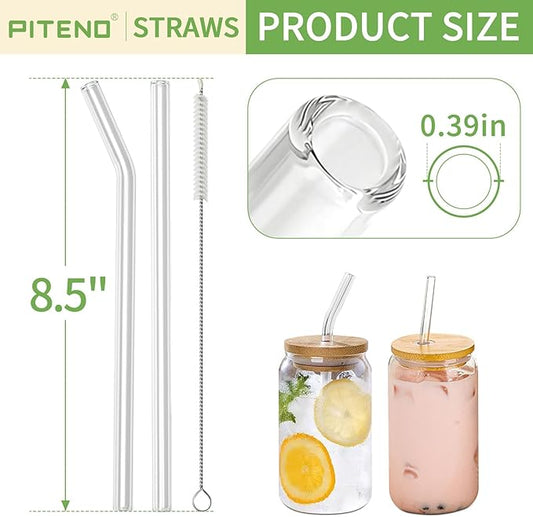Piteno® 16-Pack Reusable Glass Straws Set, Clear Glass Drinking Straws, 8.5''x10MM, Set of 6 Straight and 6 Bent with 4 Cleaning Brushes, Perfect for Smoothies, Milkshakes, Juice, Tea