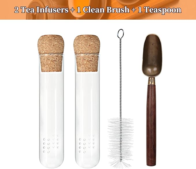 2 PCS Glass Tea Infusers for Loose Tea——Reusable Round filter holes Tea Glass Strainers with Cork Lid & Teaspoon & Cleaning Brus