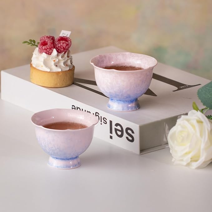 KAMMAK Ceramic Tea & Coffee Cups Set of 2 - Vintage Crystalline Glaze Espresso Mugs, 2.8oz Hand Painted for Afternoon Tea or Coffee, Birthday Gift for Women Men, Pink and Blue Gradient