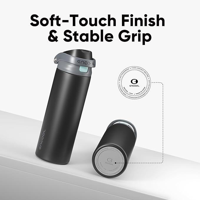 ENCOOL Leakproof Insulated Water Bottle with Straw Dual-Sip Water Bottle Bag-Safe Design for Work, Commute & Gym – Keeps Drinks Cold All Day, 40 oz, Charcoal Gray