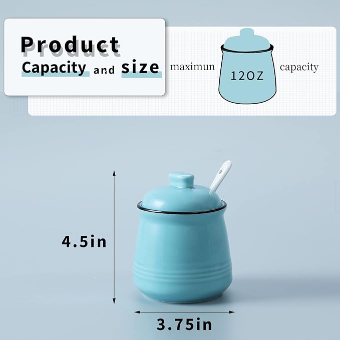 HAOTOP Porcelain Salt Bowl with Lid and Spoon,Ceramic Sugar Bowl 12oz (Turquoise)